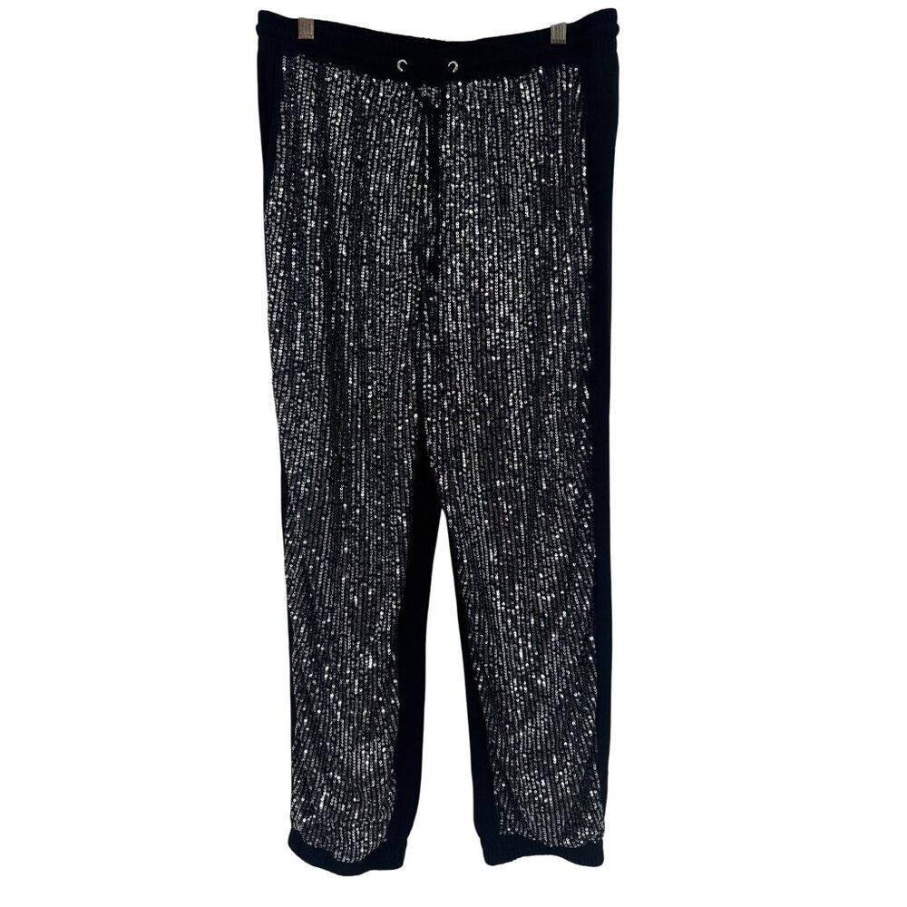 Umgee Womens silver Sequin Pants Black linen joggers Size Large new